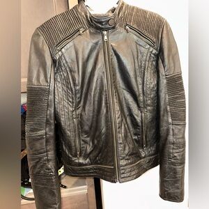 7 For All Mankind Jacket Womens sz M Black Leather Moto Biker Racer Full Zip
